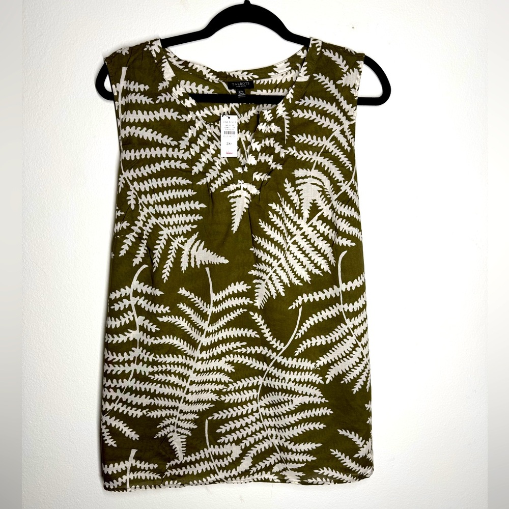 Talbots 100% Cotton Olive Green/Cream Sleeveless V-neck Banded Collar Blouse Top